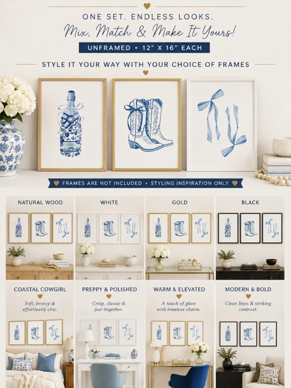 Set of 3 Blue White Western Wall Art Prints 12x16 Cowboy Boots Bow Unframed